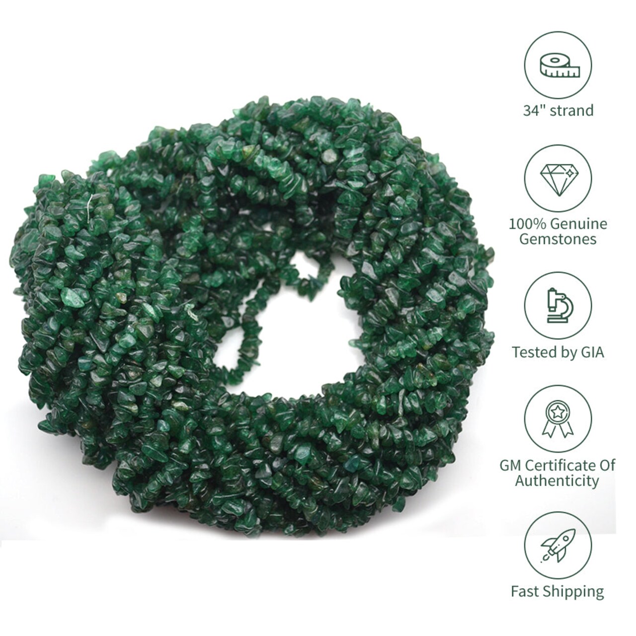 Green Aventurine Chip Beads, 34 Inch Chip Strands, Drilled Strung Nugget Beads, Natural Raw Green Aventurine, 3-7mm, Polished, GemMartUSA (CHAV-70001)